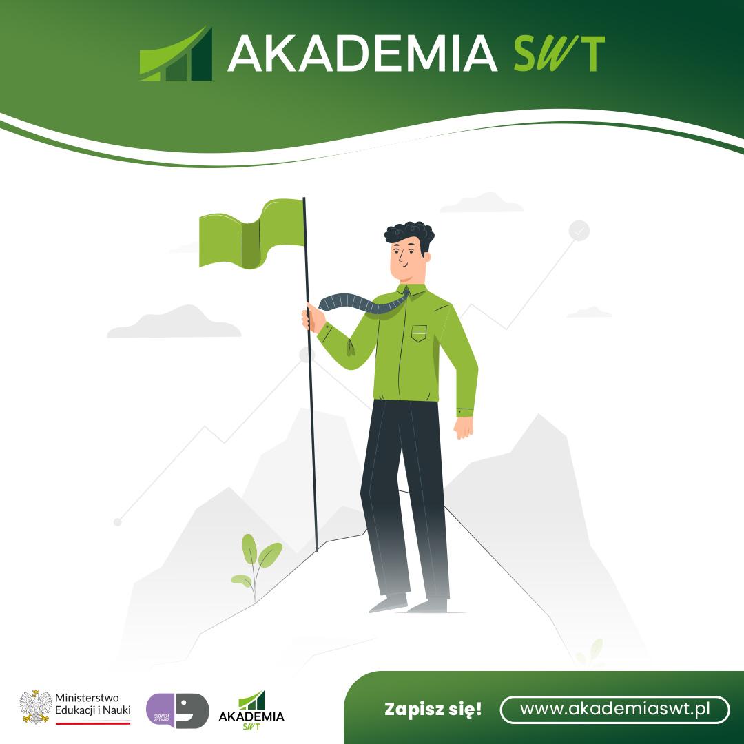 Promotional graphic for SWT Academy with an illustration and the website address.