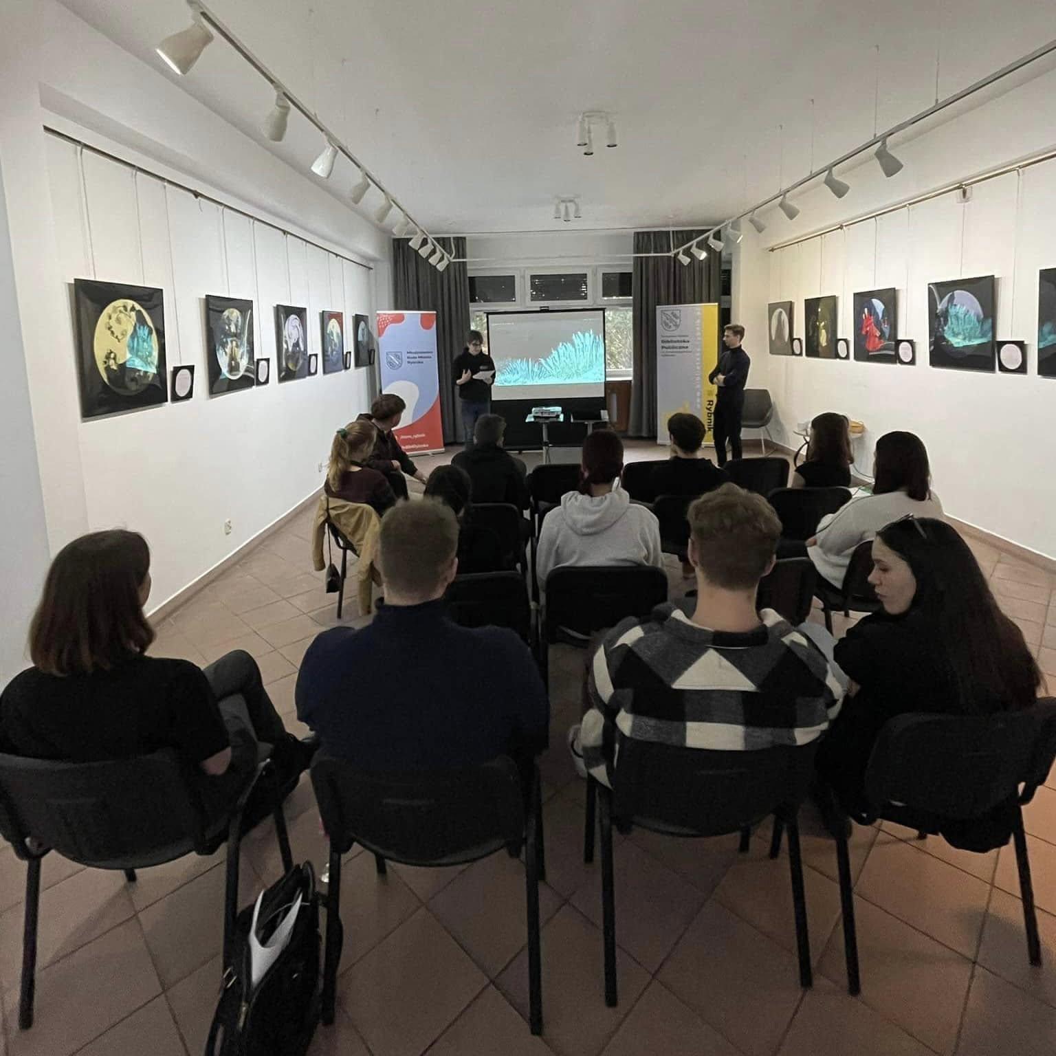 Graphic for the Śląskie Laboratories of the Future project showing a youth meeting during workshops.