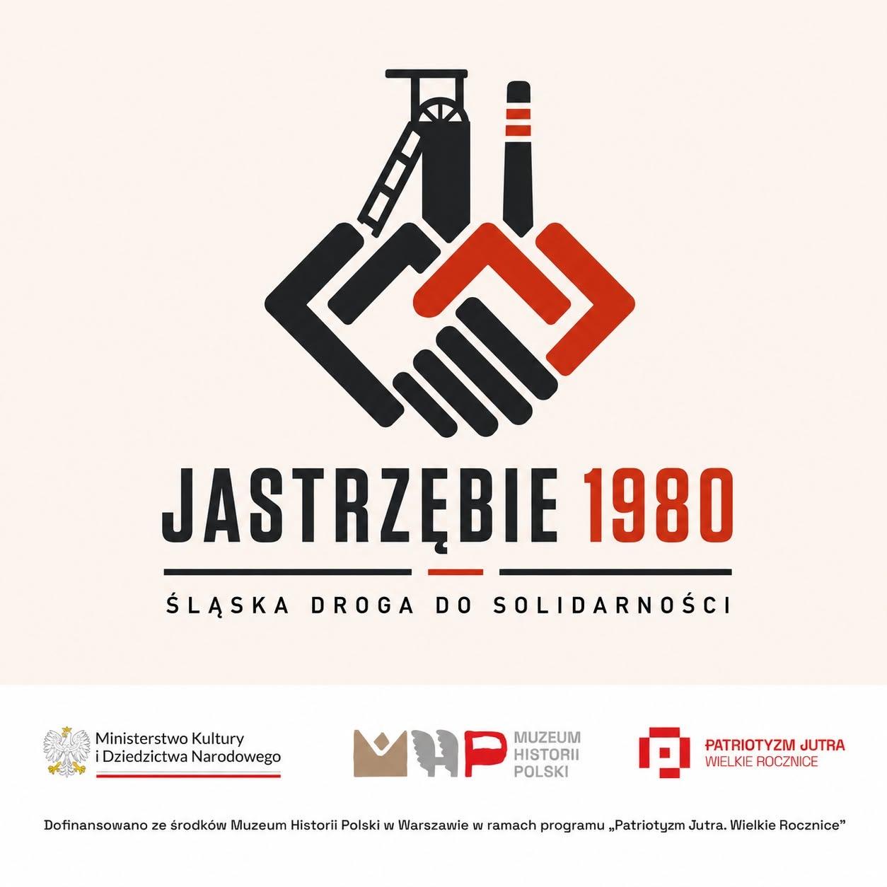 Logo of the “Jastrzębie 1980. Silesia’s road to Solidarity” project featuring a handshake and mine shafts